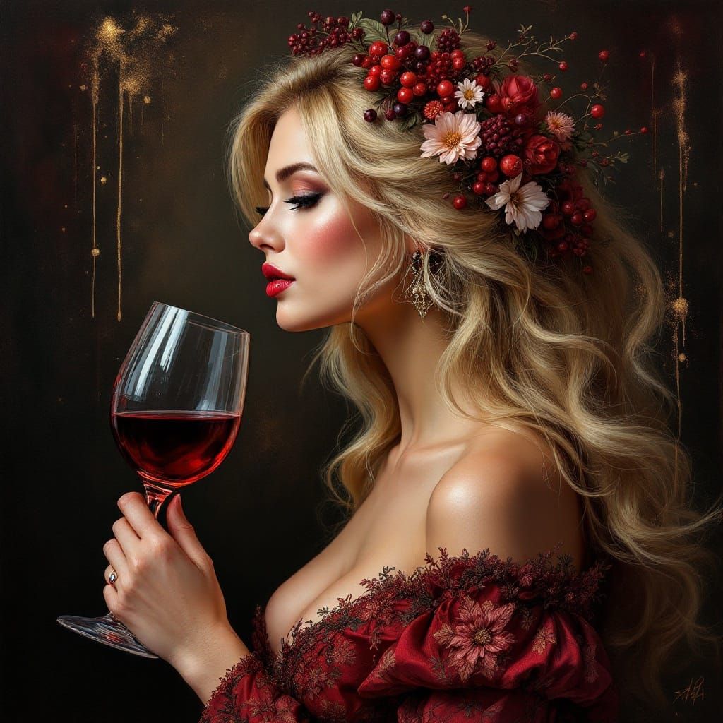 Baroque-Inspired Portrait of a Serene Woman in Elegant Red D...