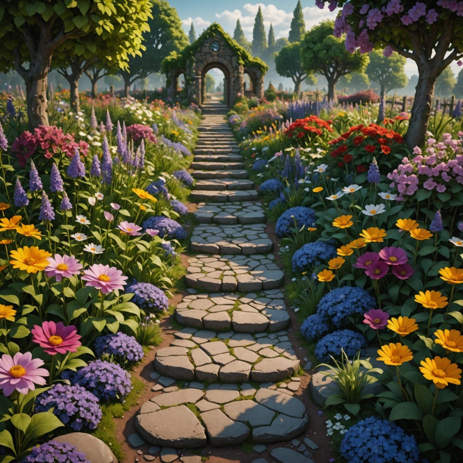 Stone Path Through Enchanted Flower Garden
