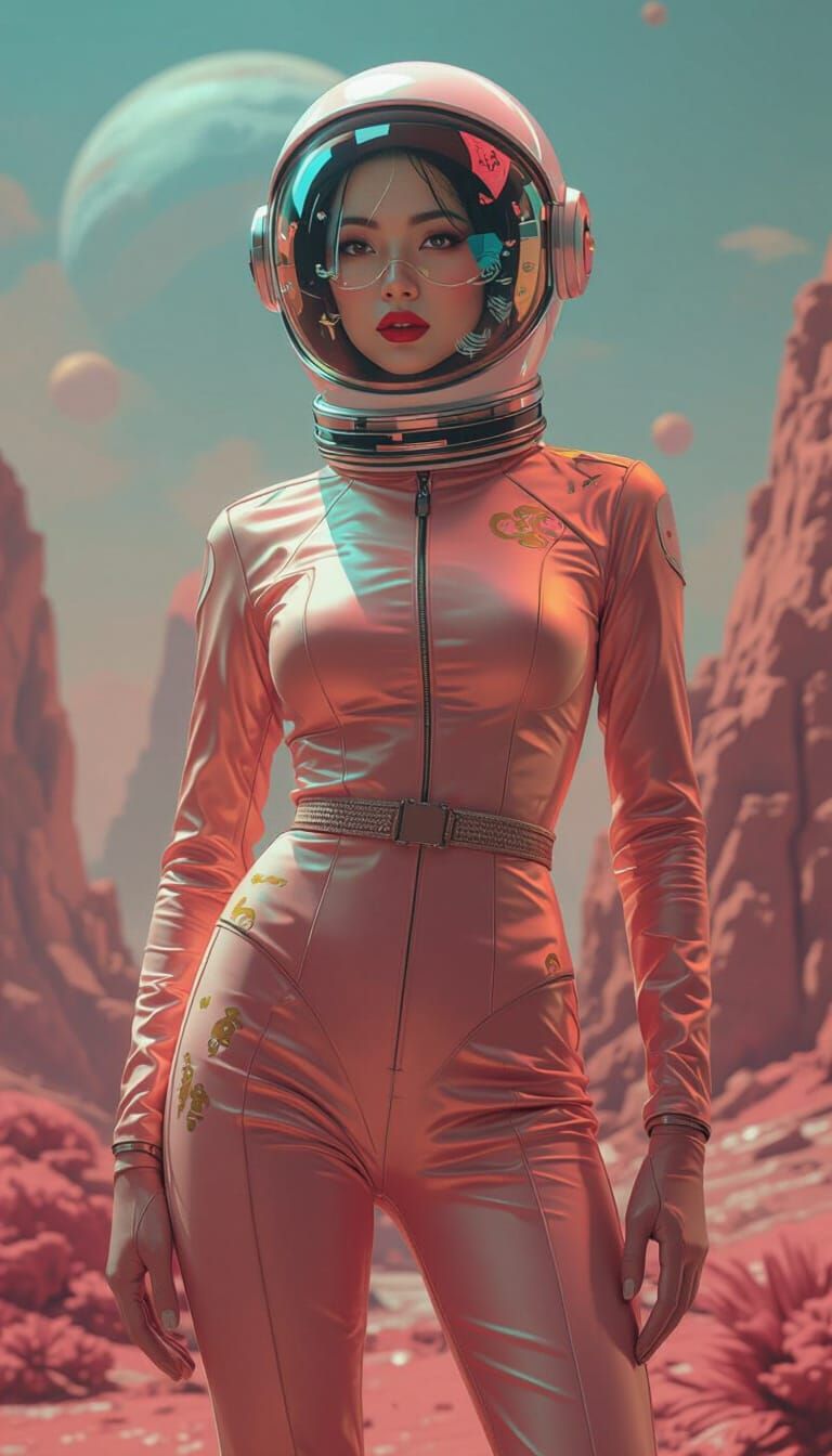 Elegant Retro-Futuristic Asian Astronaut Woman