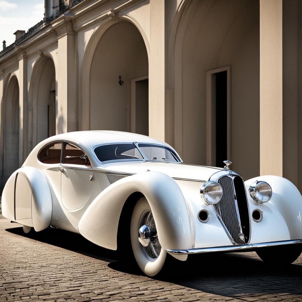 Vintage White Aerodynamic Coupe in Talbot Lago Style