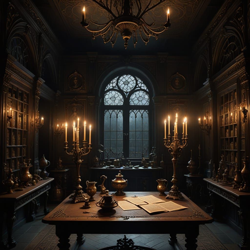Gothic Manor Room with Magical Vases and Wand