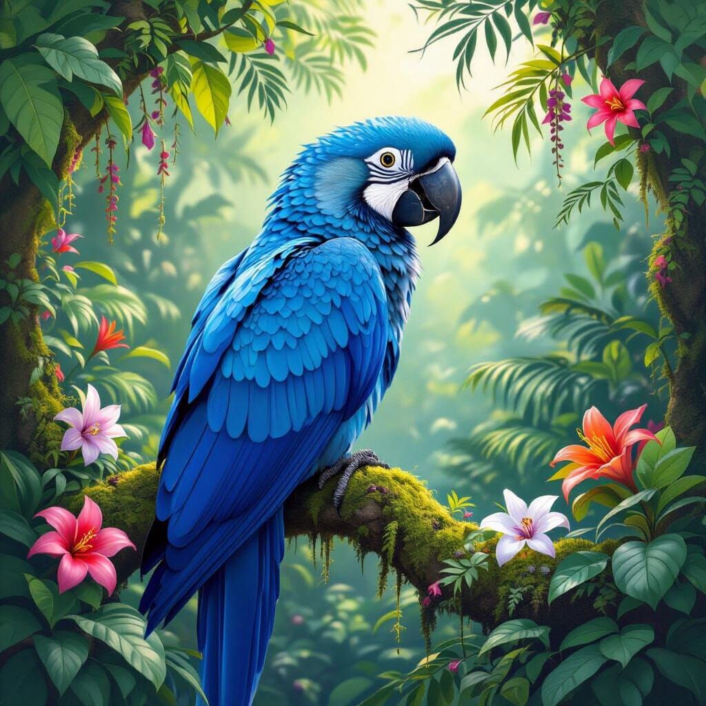 Hyacinth Macaw in Jungle, Botanical Art Style