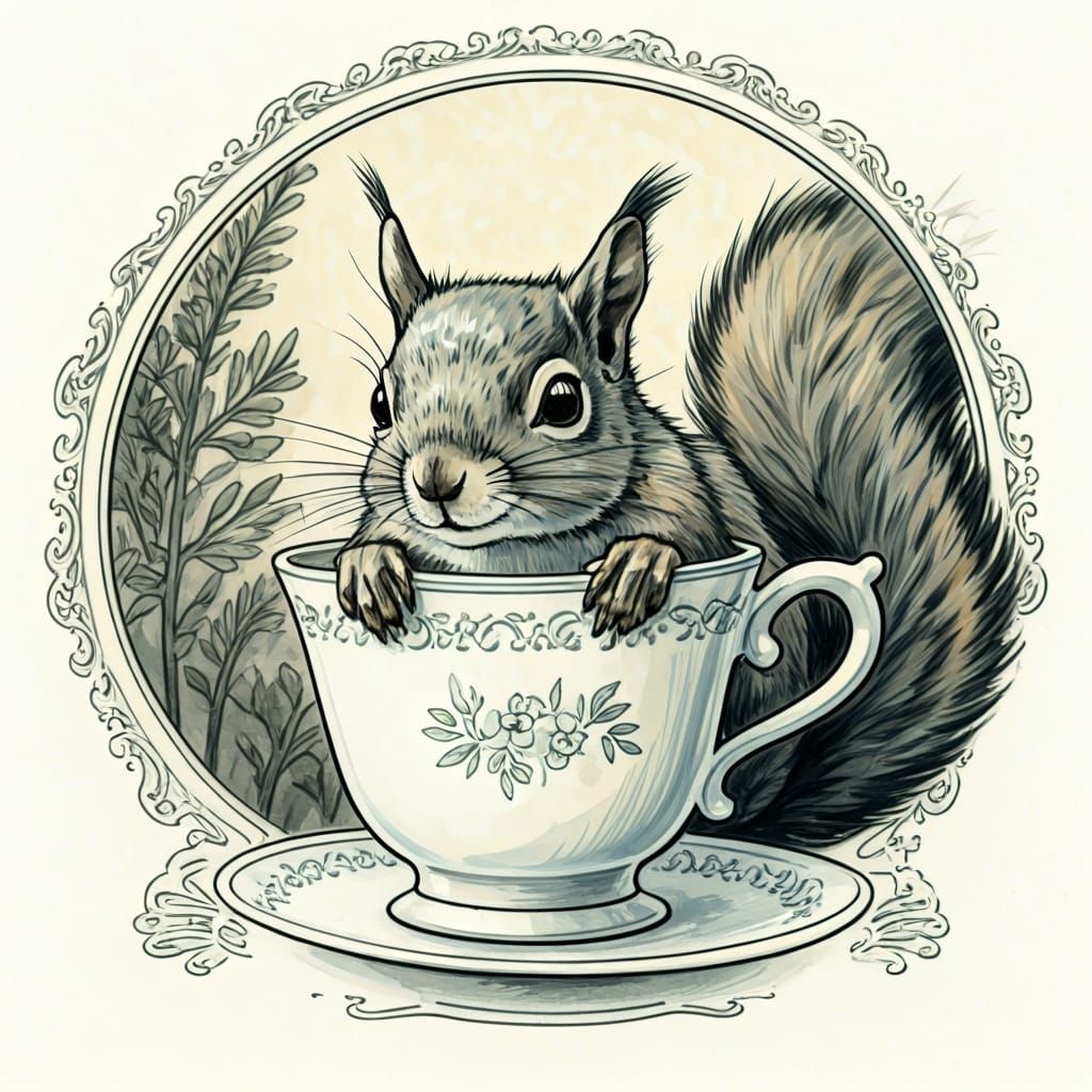 Mischievous Squirrel in Teacup, Japanese Ink Style