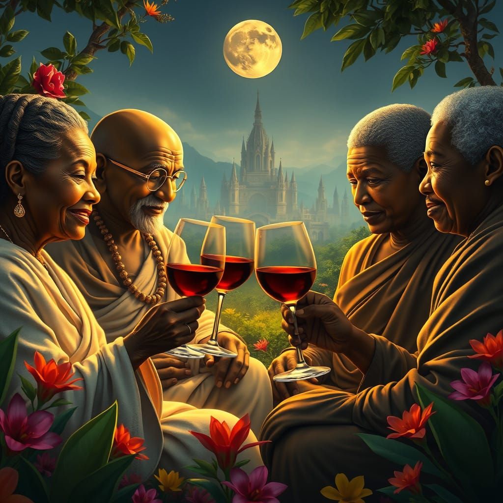 Historic Leaders Gather in a Serene, Moonlit Garden