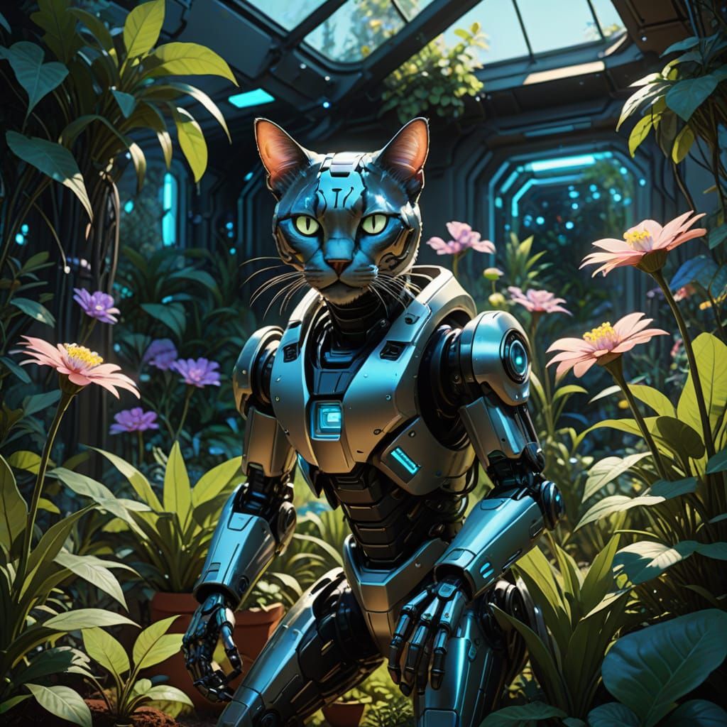 Robot Cat in Zero-Gravity Garden, Sci-Fi Art