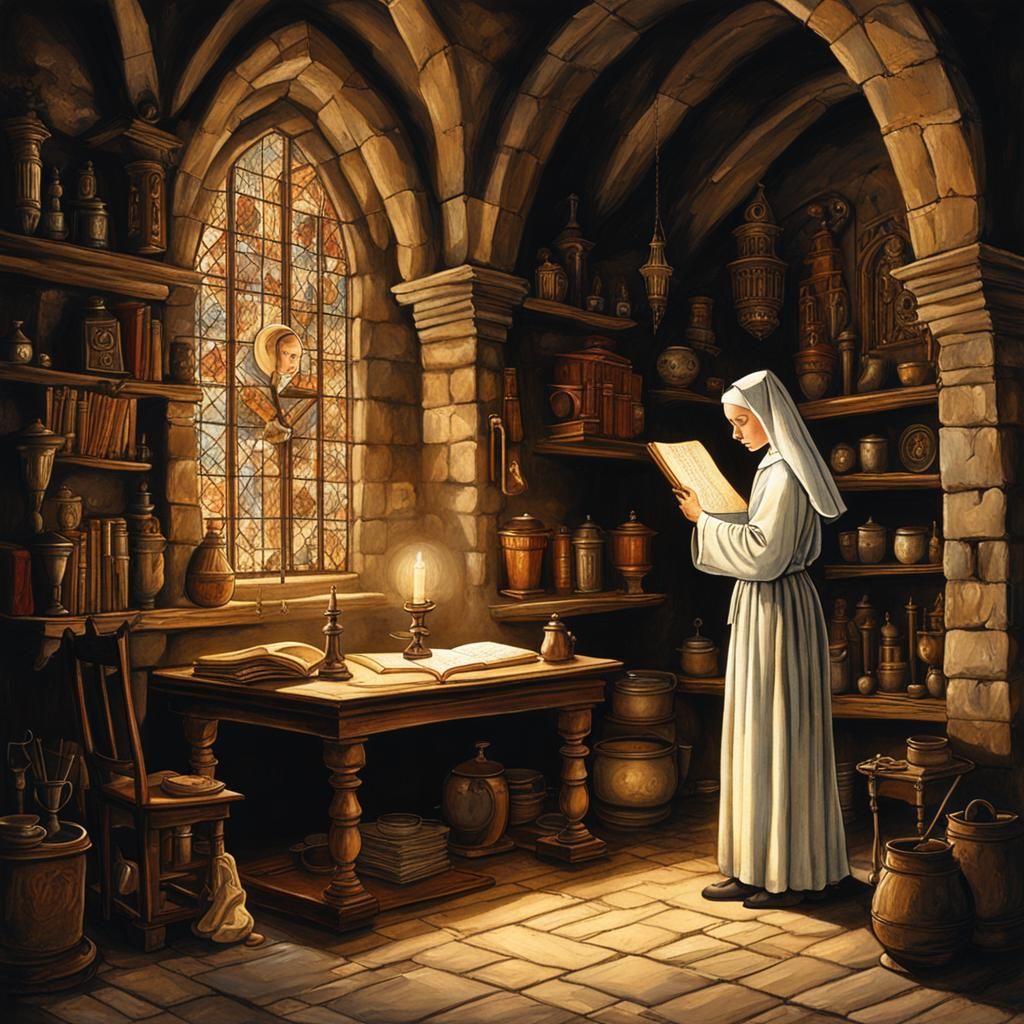 Medieval Nun Writing Manuscript as Oil Painting