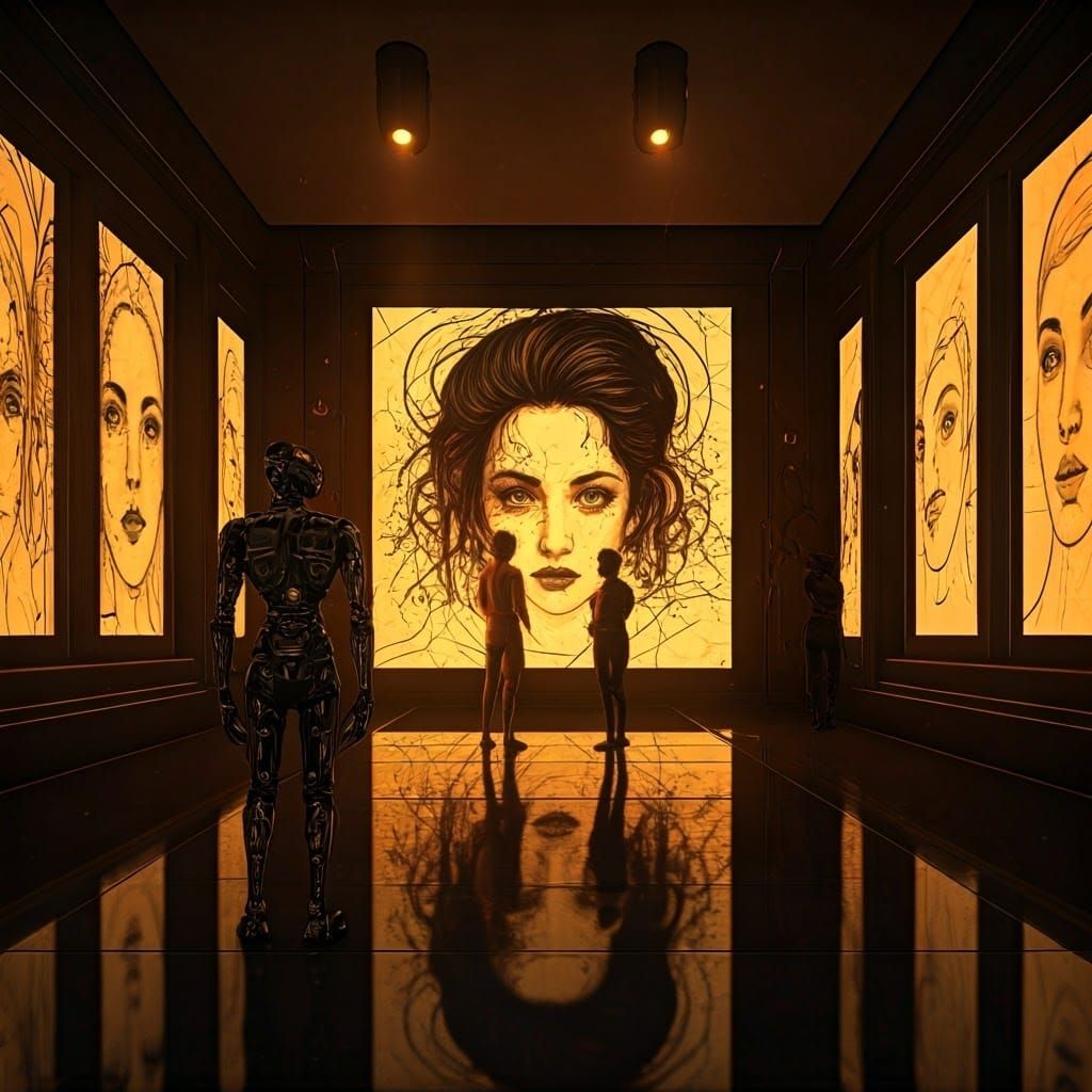 Cyborgs Admire Surreal Portraits in Futuristic Art Gallery