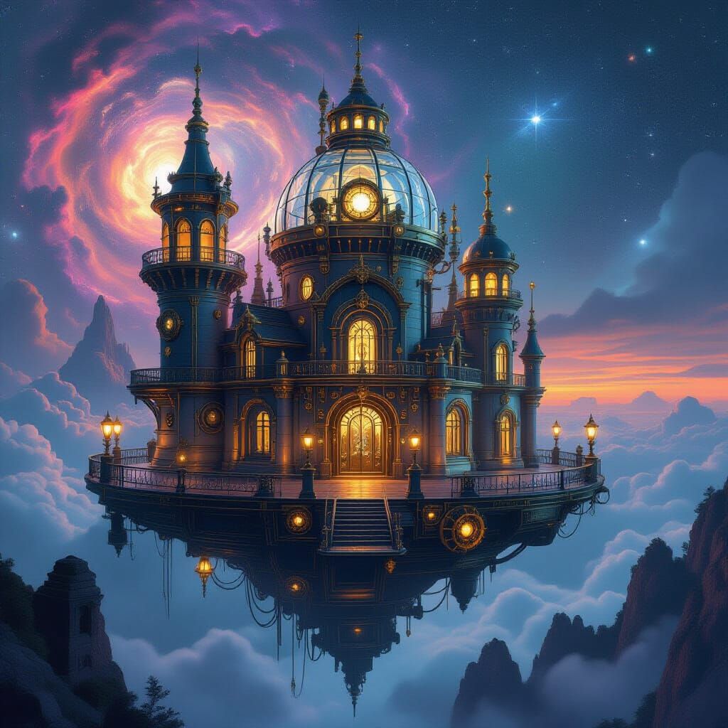 Steampunk Owl Castle Floating in Nebula