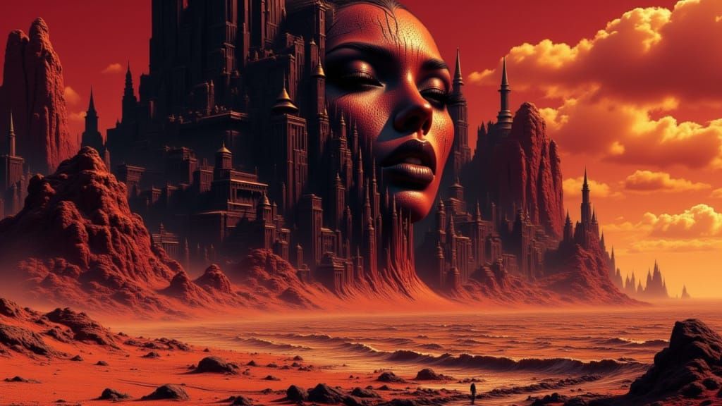 Colossal Alien City Discovery Under Crimson Desert Sky