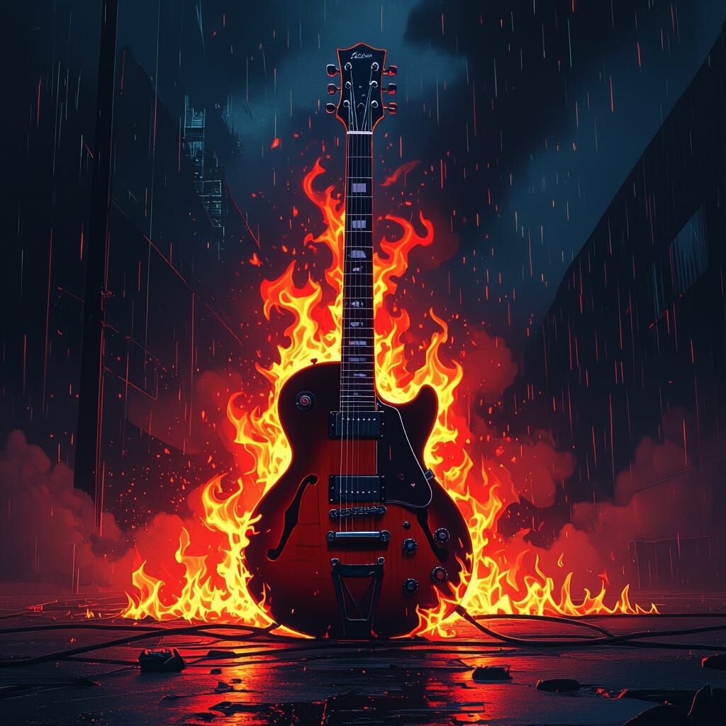 Flaming Guitar Album Cover in Dystopian Style