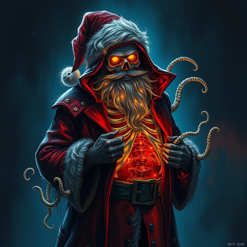 Skeletal Santa Claus Unveils a Haunting, Worm-Infested Frame