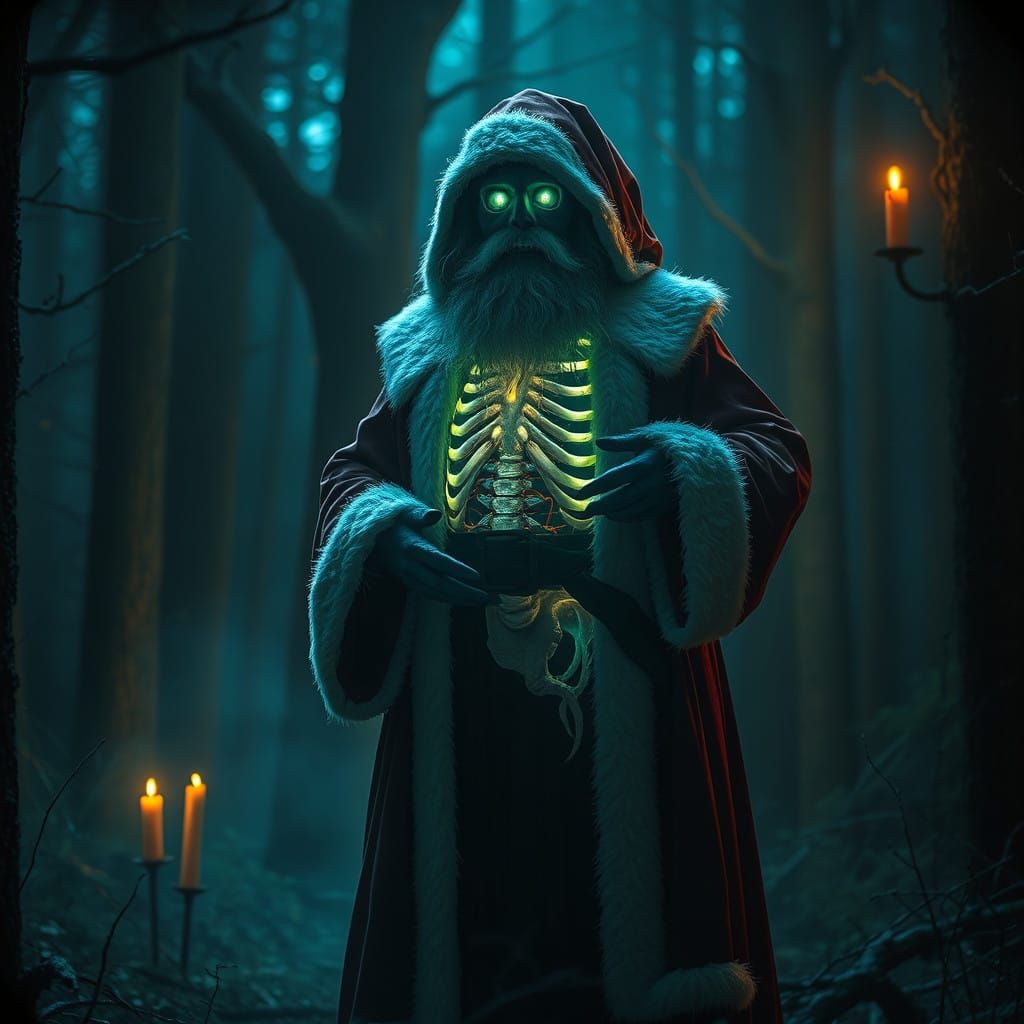 Skeletal Santa Unveiled in Dark, Eerie Forest Hues