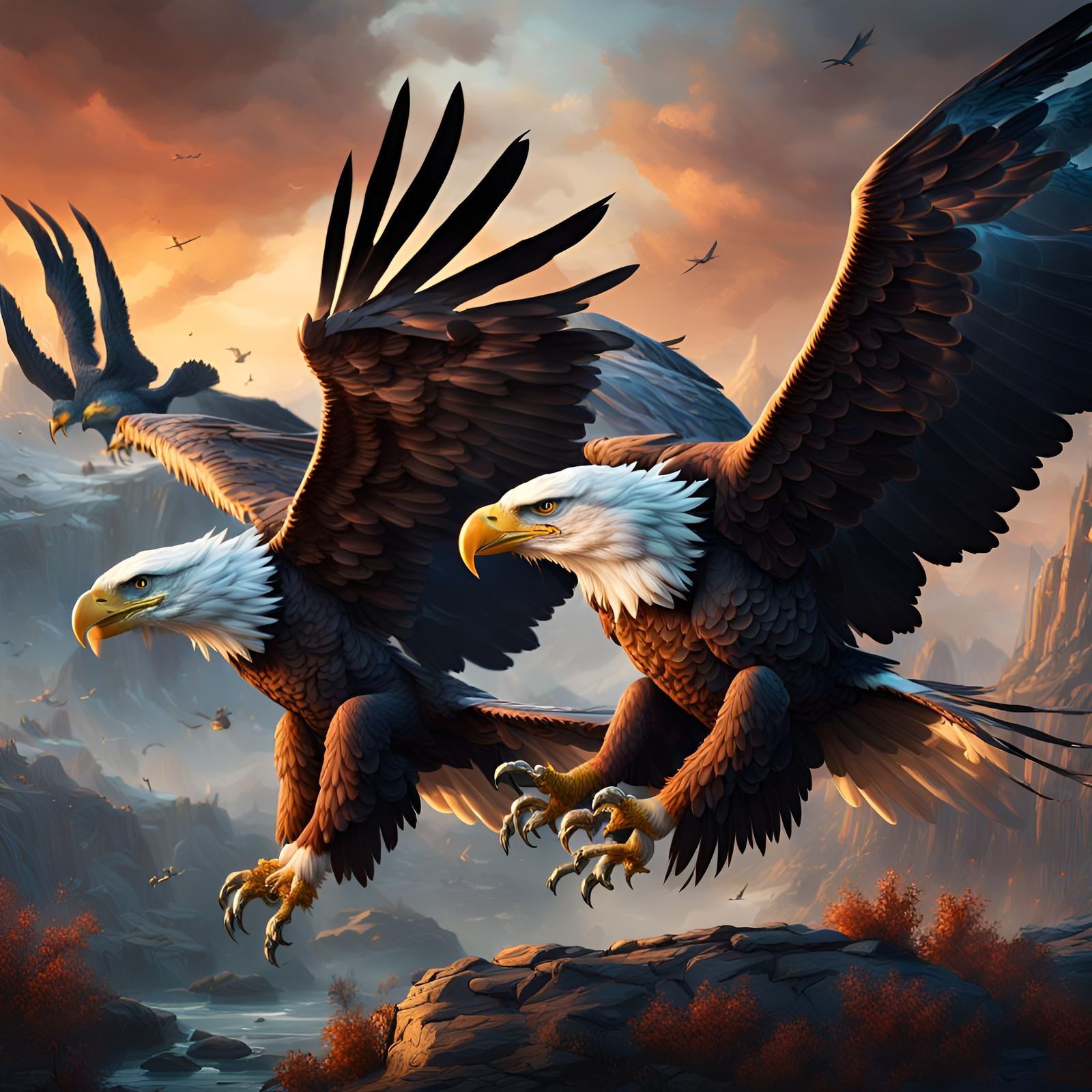 Eagles Fight for Prey: Detailed Matte Painting