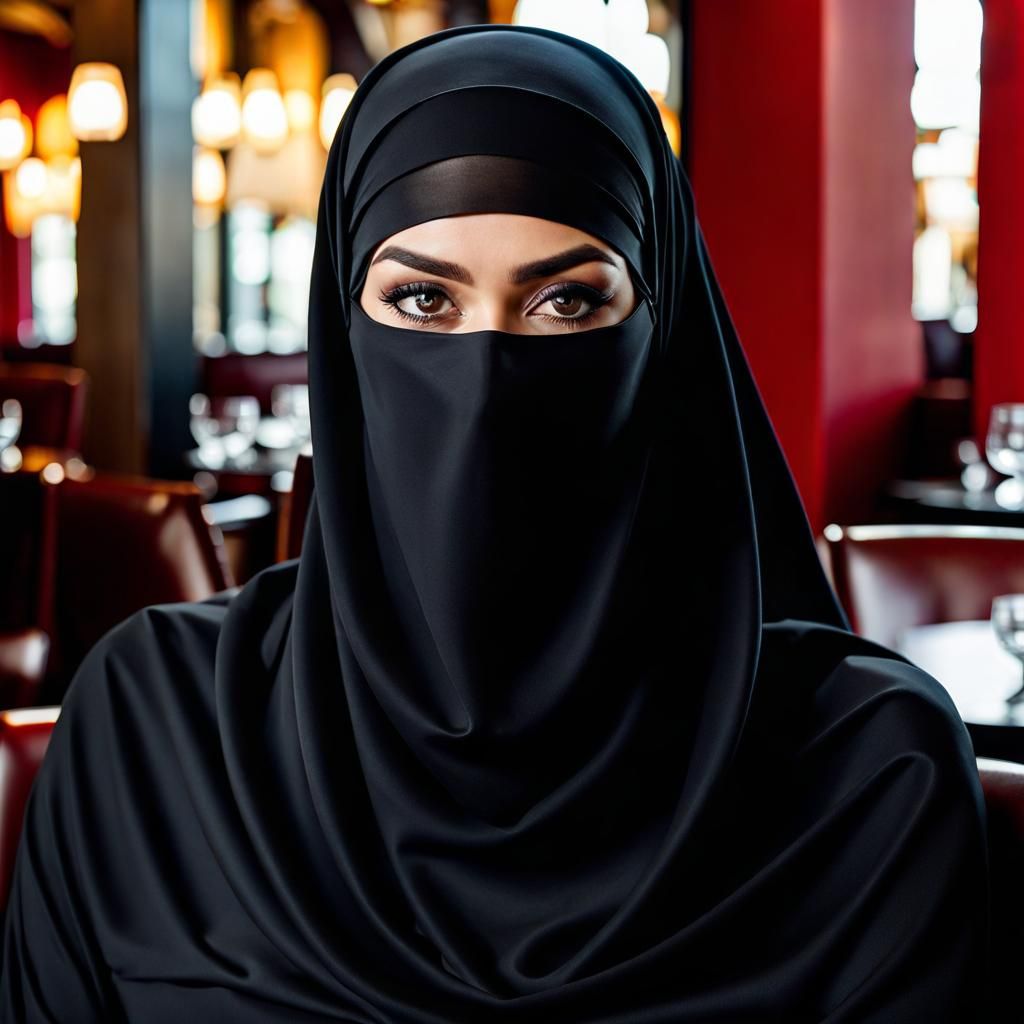 Beautiful Niqabi Woman Portrait in Restaurant, 8K