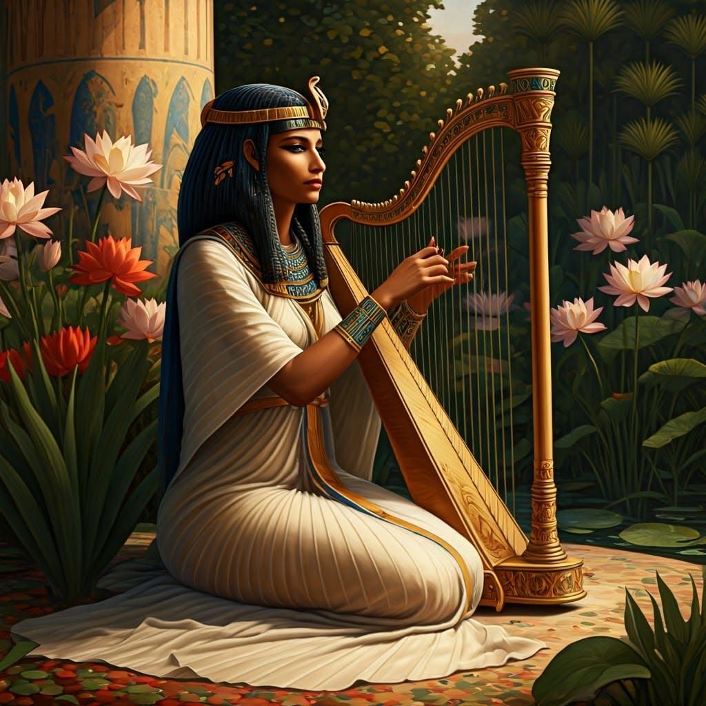 Egyptian Priestess Plays Harp in Flower Garden