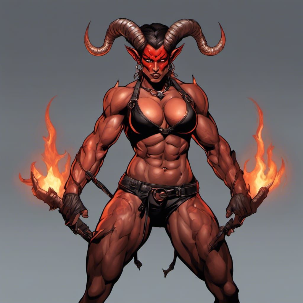 Tiefling Bodybuilder with Flaming Whips in Comic Book Art