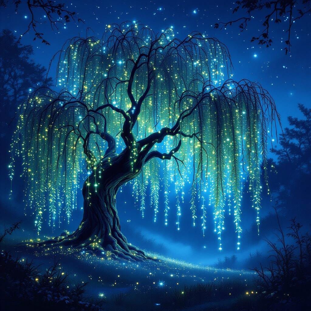 Bioluminescent Willow Tree in Enchanted Forest