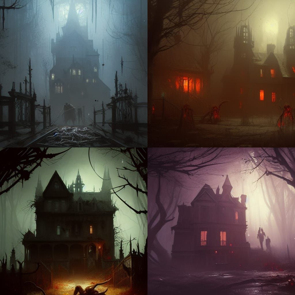 Haunted House Infested with Creatures: Dark Fantasy Art
