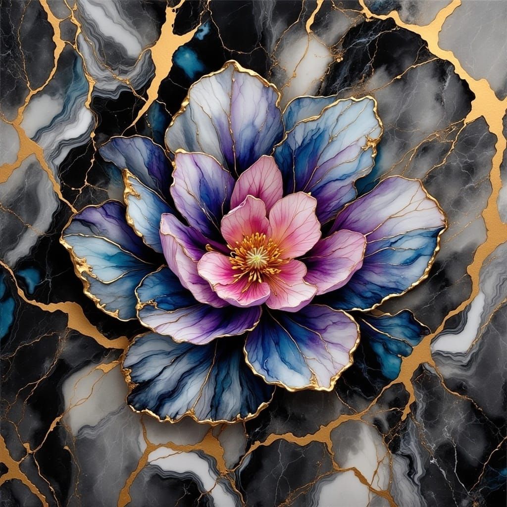 Watercolor Flower on Marble with Golden Streaks