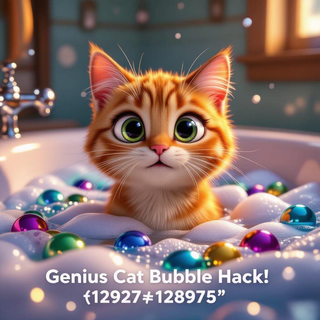 Funny Orange Cat in Bubble Bath with Marbles