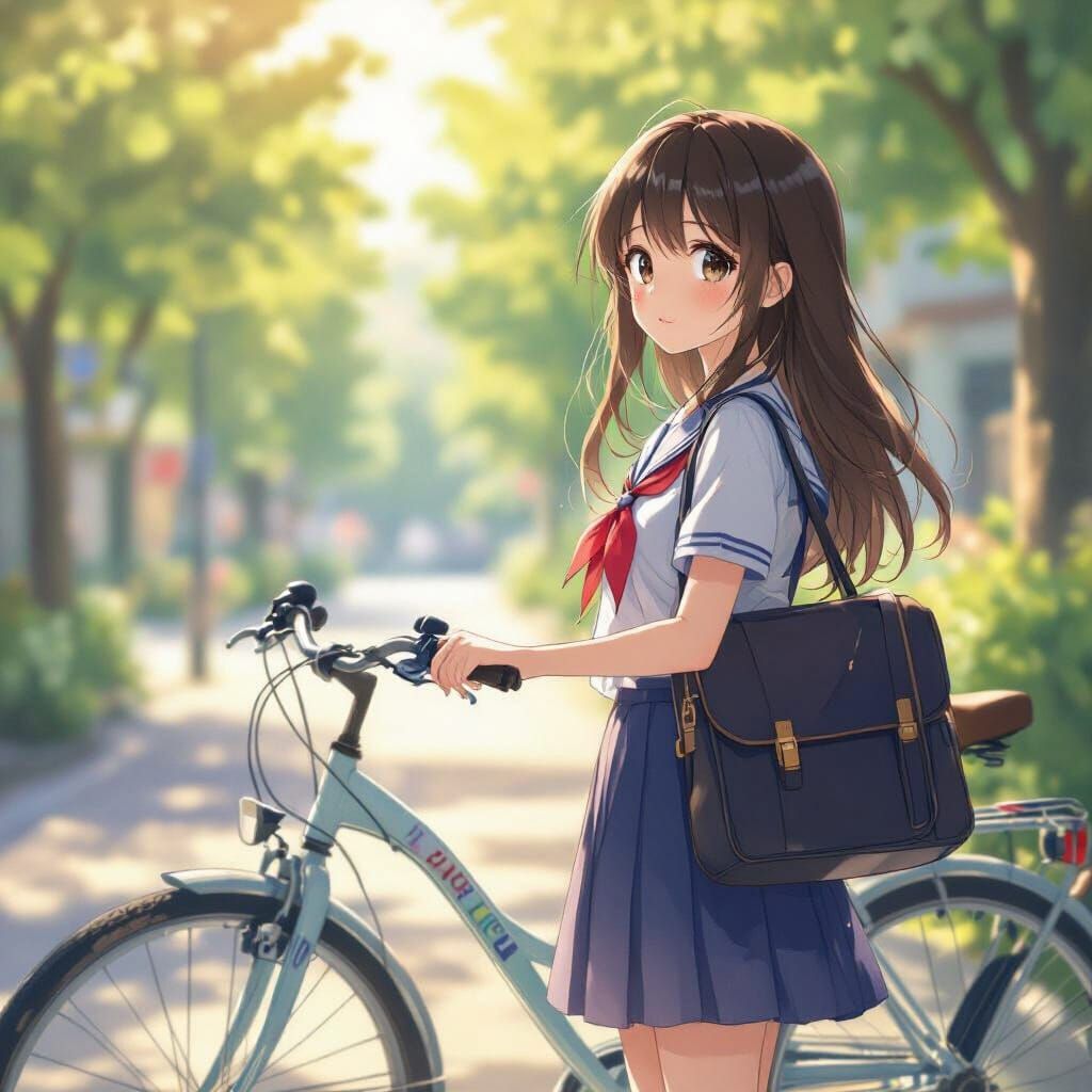 Anime Schoolgirl With Bicycle and School Bag