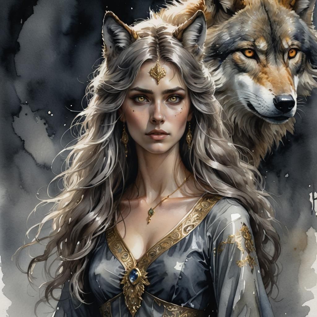 Watercolor Portrait of a Royal Woman with Wolf Shadow