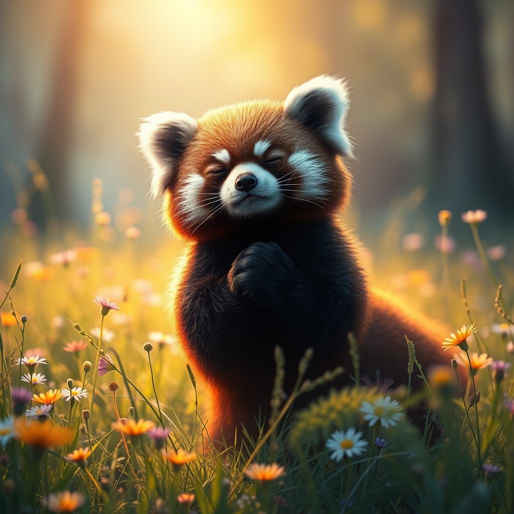 Ethereal Red Panda in a Vibrant Meadow