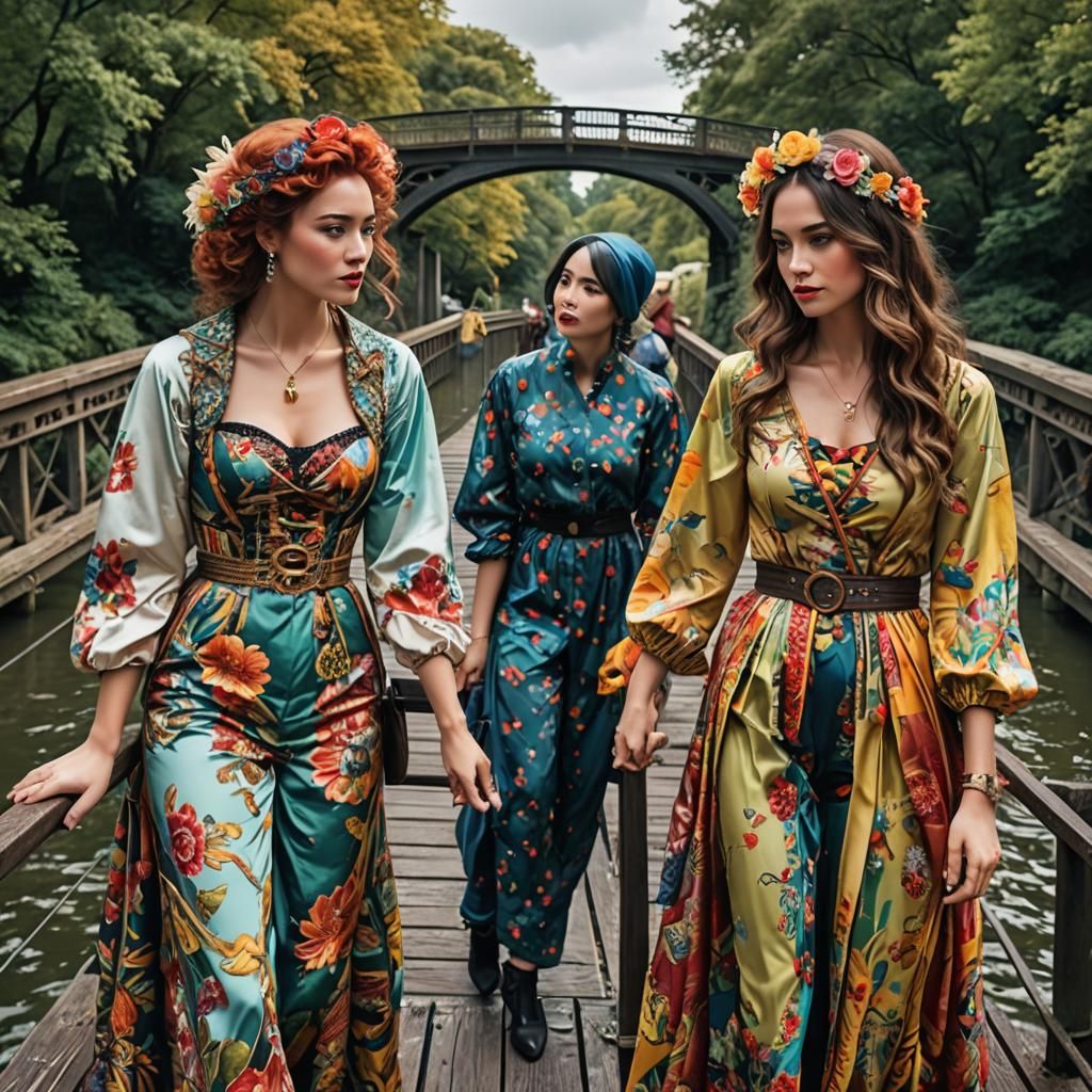 Intense Discussion: Three Ladies on Troubled Bridge