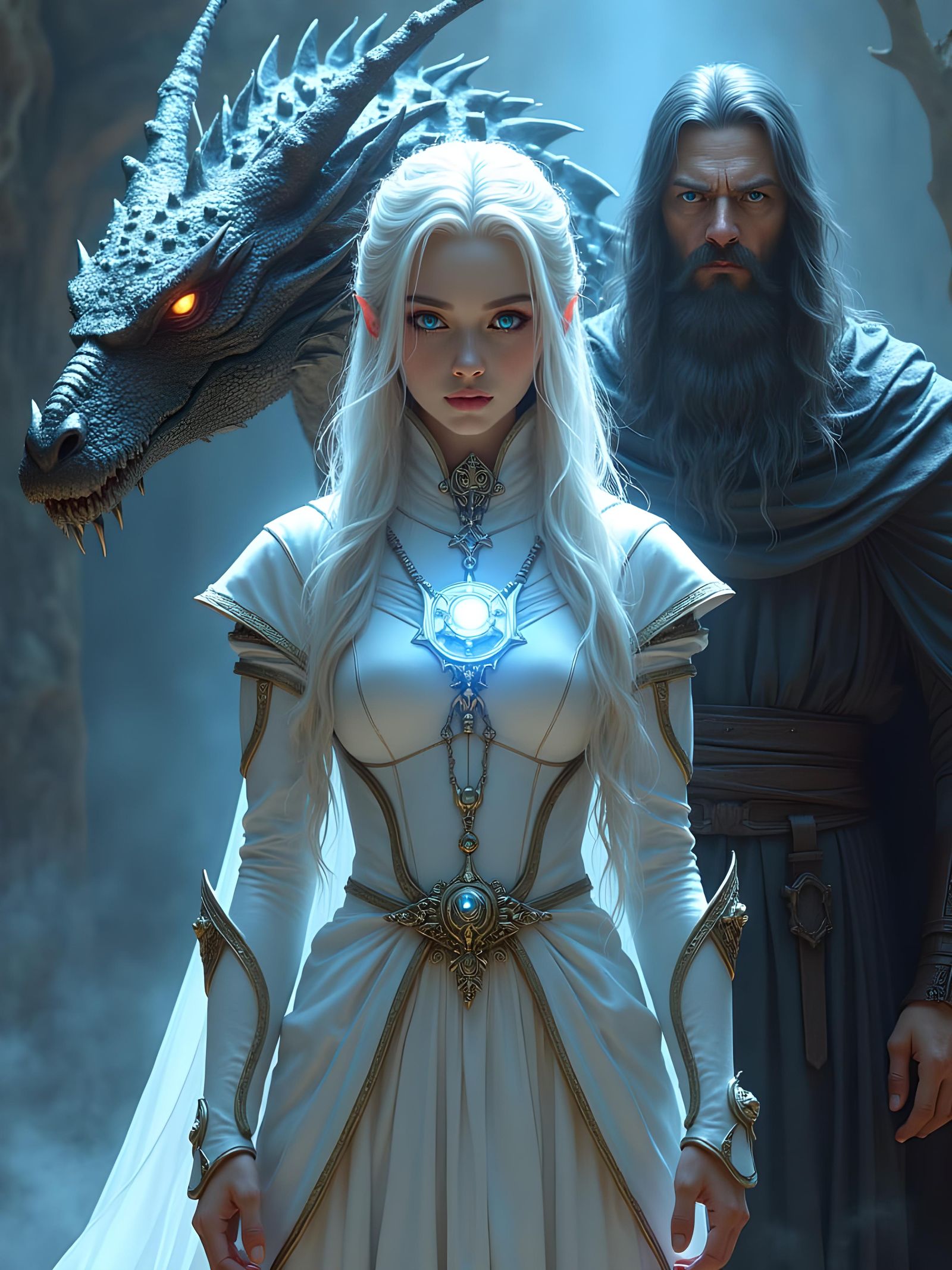 Fantasy Mage with Dragon and Wizard