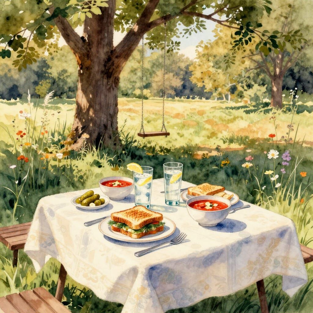 Golden Hour Picnic Scene in Watercolor Style