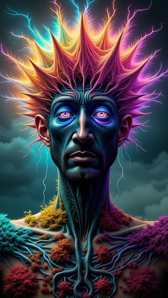 Fractal-Faced Man in Surreal Optical Illusion Dreamscape