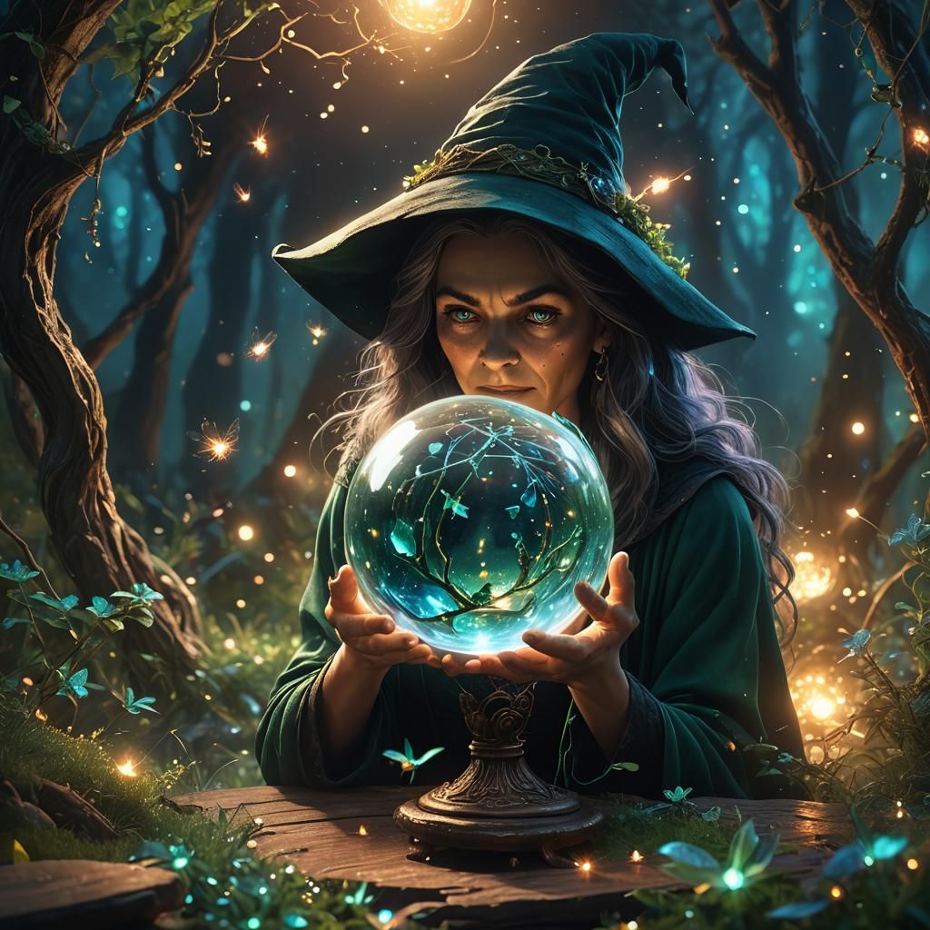 Witch Gazes into Crystal Ball: Fantasy Art