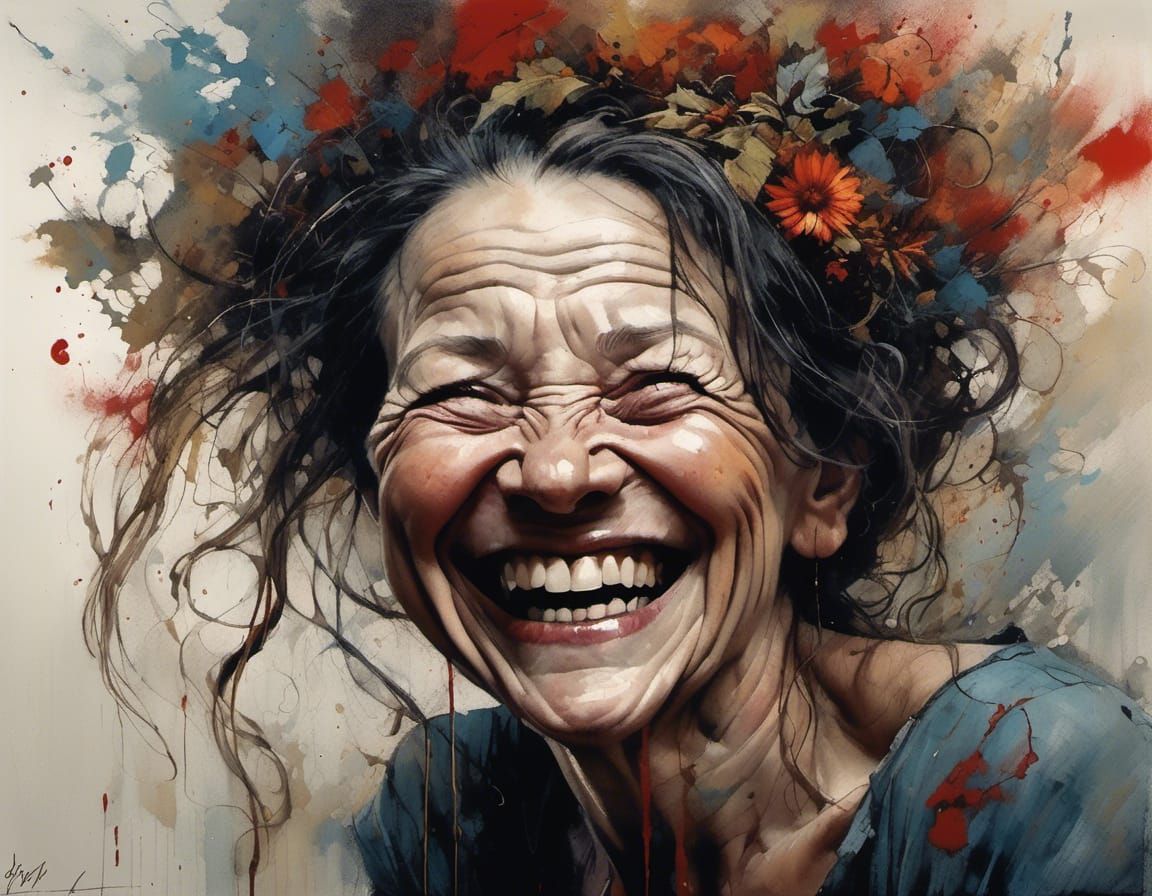 Laughing Brunette Portrait in Dark Art Style