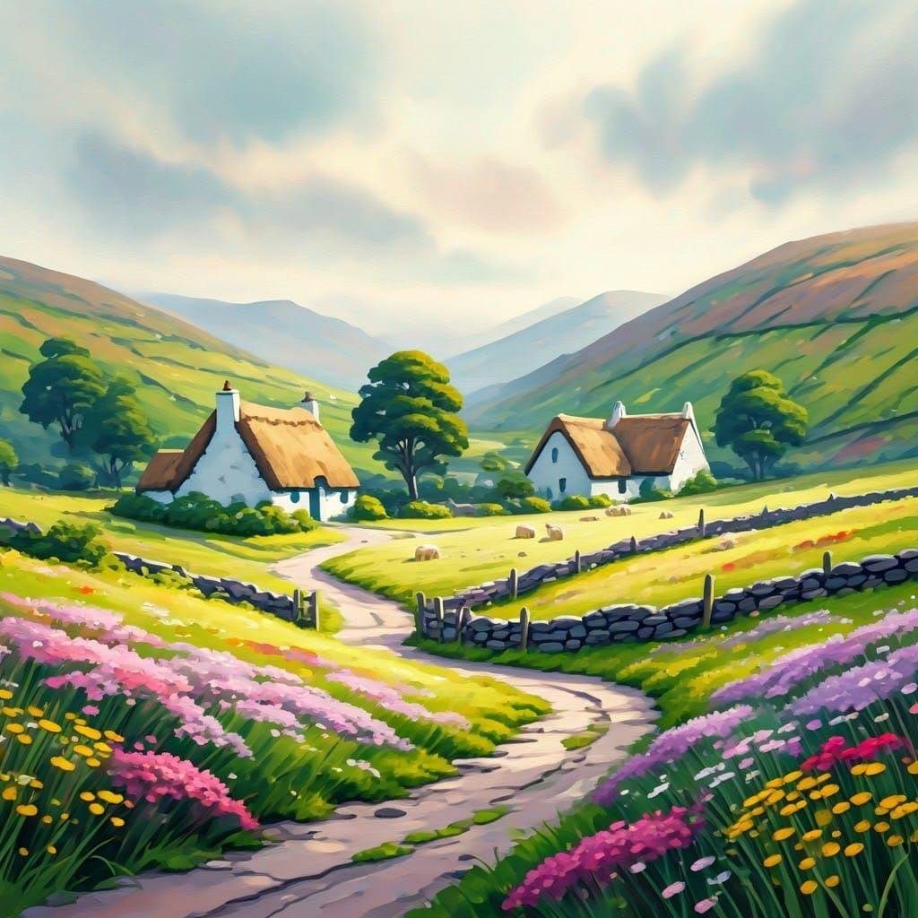 Whimsical Emerald Isles Scene in Watercolor Style