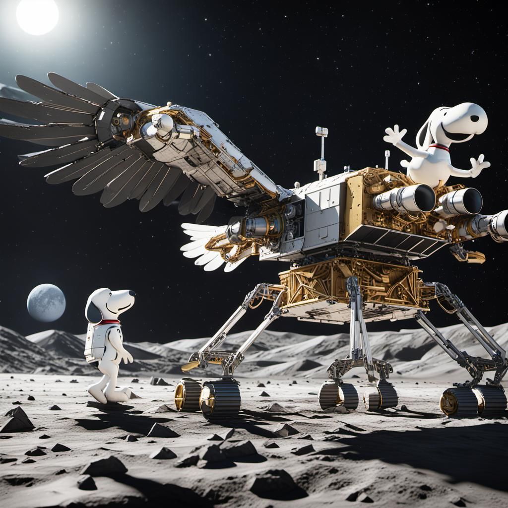 Apollo 11 eagle landing on the Moon with Snoopy from Peanuts intricate mech details, ground level shot, 8K resolution, C...