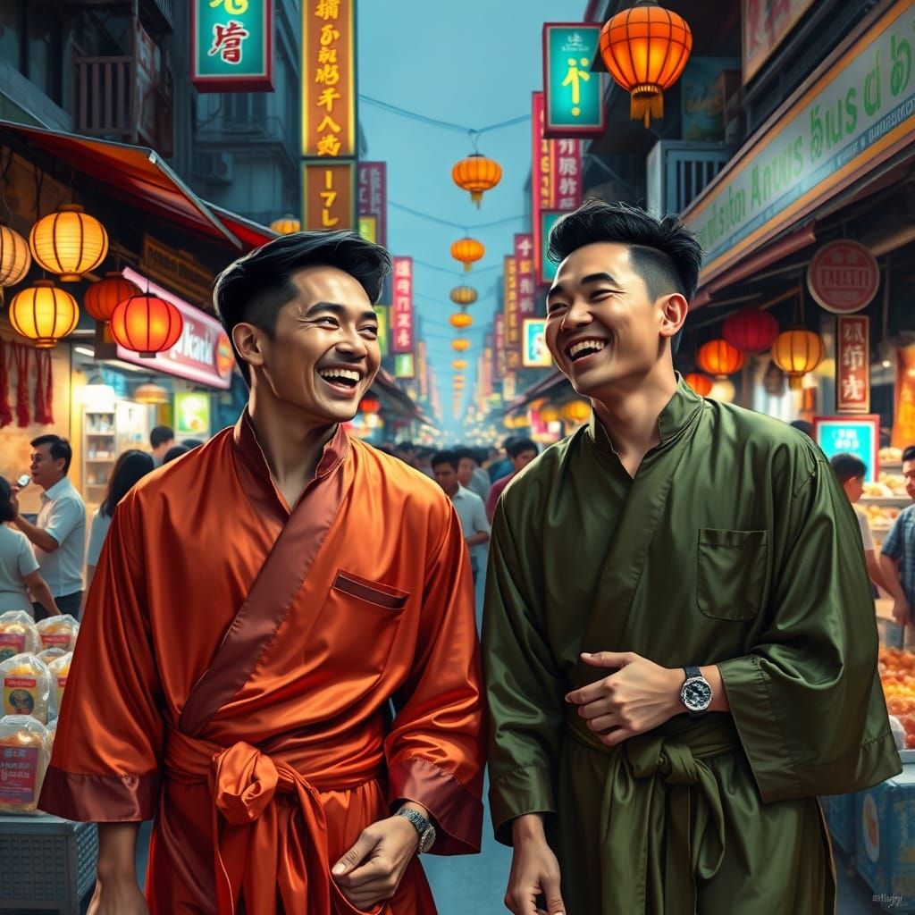 Thai Men in Bangkok Night Market, Romantic Realism