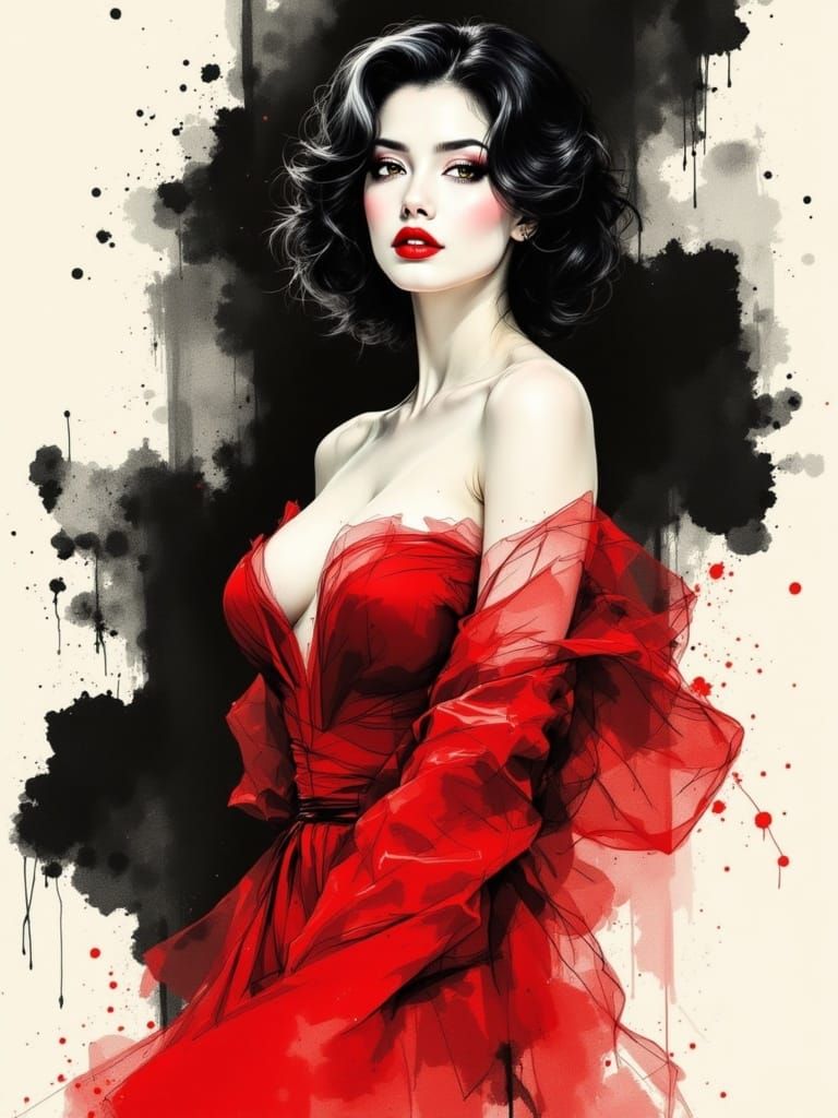 Elegant Fashion Portrait in Vibrant Red and Monochrome