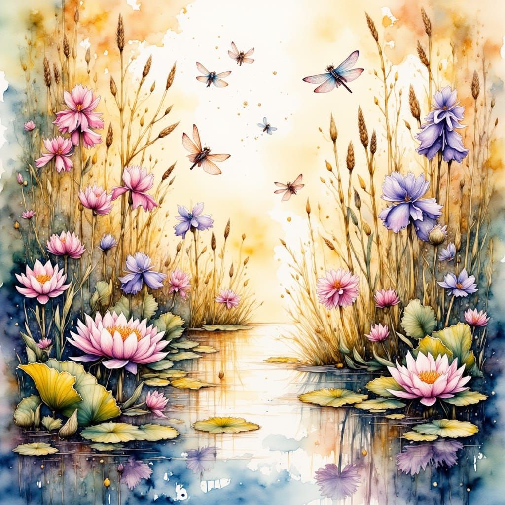 Dawn Wetland Scene in Whimsical Watercolor Style
