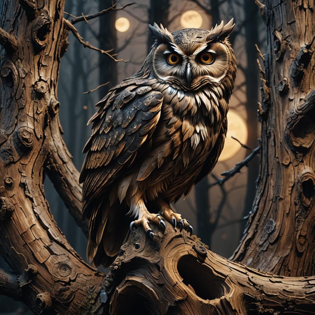 Detailed Wooden Owl Matte Painting in Moonlight