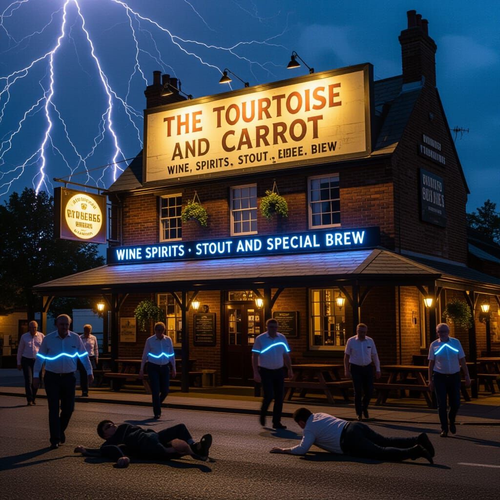 Country Pub Scene with Lightning and Drunken Patrons