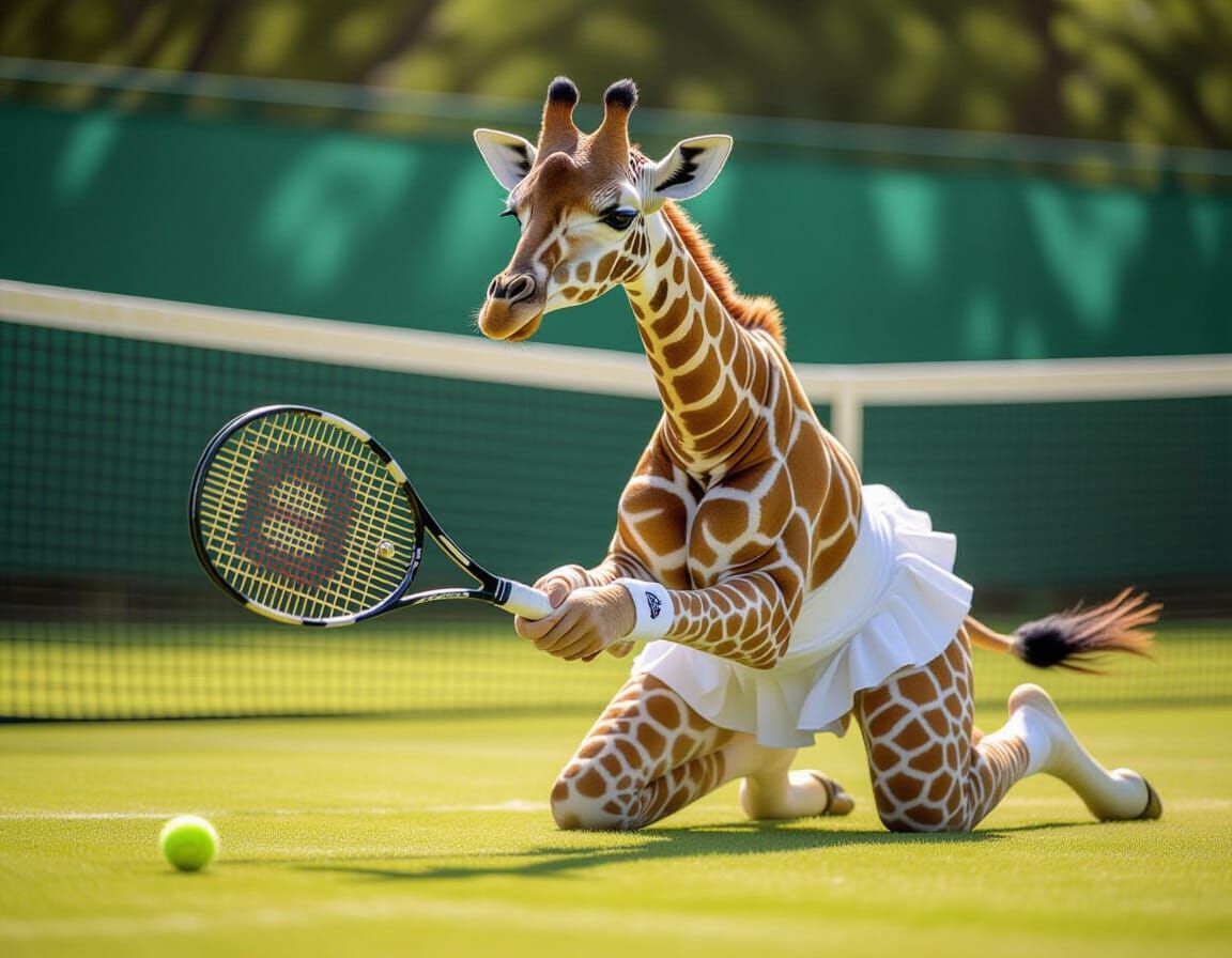 Giraffe Tennis Player in Action: Whimsical Sports Scene