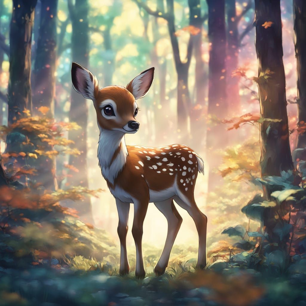 Cute Fawn in Whimsical Anime Forest