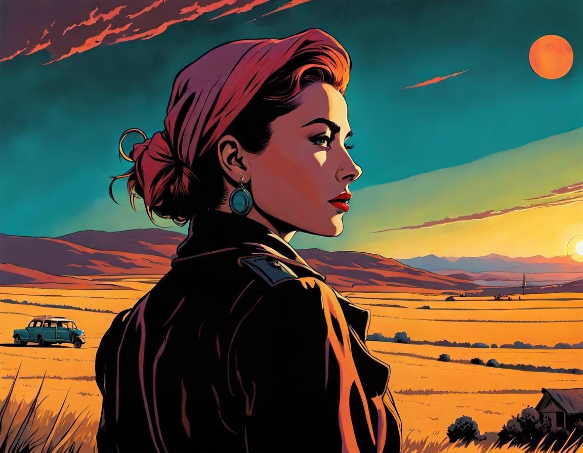 Candid Sunset Reflection in Pulp Fantasy Style