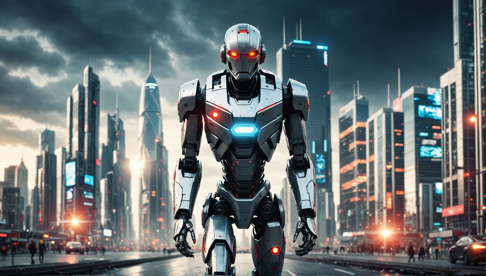 Metallic Android in Futuristic Cityscape