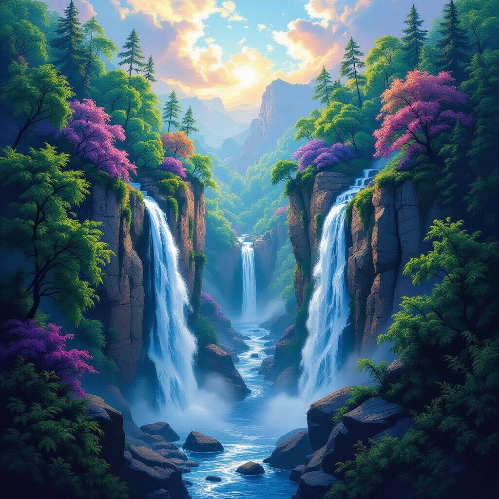 Vibrant Ravines With Dual Waterfalls and Fantastical Trees