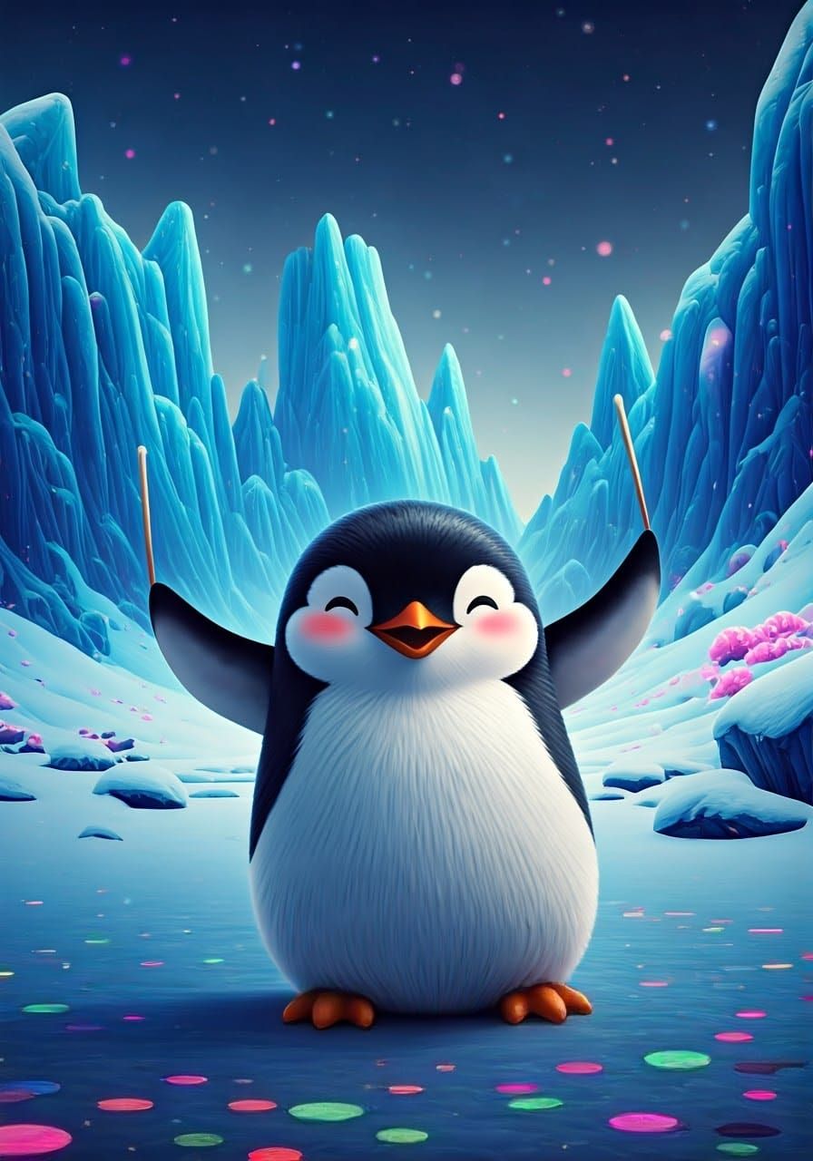 An adorable cute penguin with big eyes and cute smile, rosy cheeks in an arctic landscape beating drums in utter joy