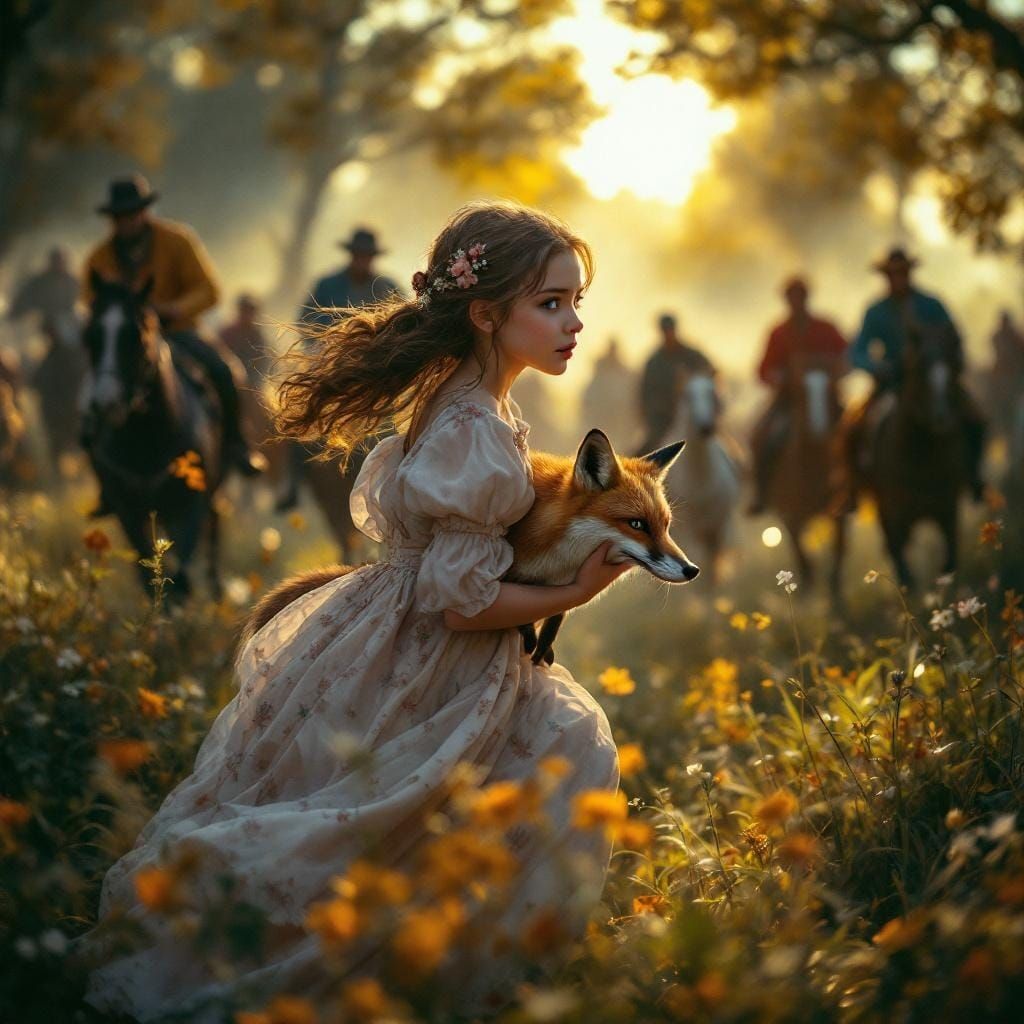 Girl Hiding Fox in English Countryside, Hyperrealistic Gouac...