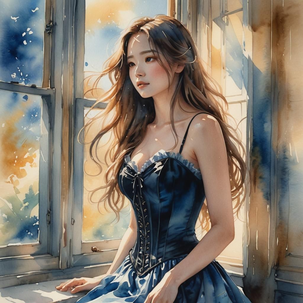 Dreamy Watercolor Woman at Window in Anime Style