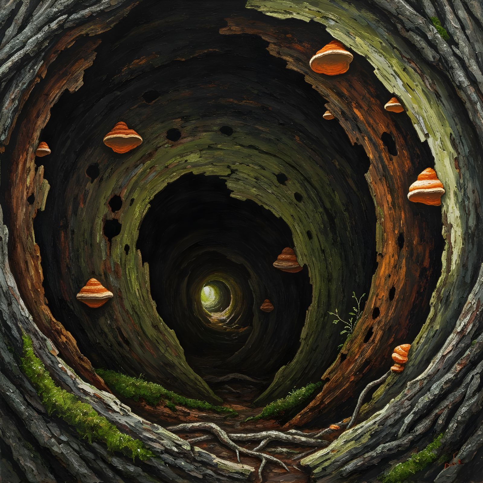 Inside a Hollow Tree Trunk: Impasto Landscape Painting