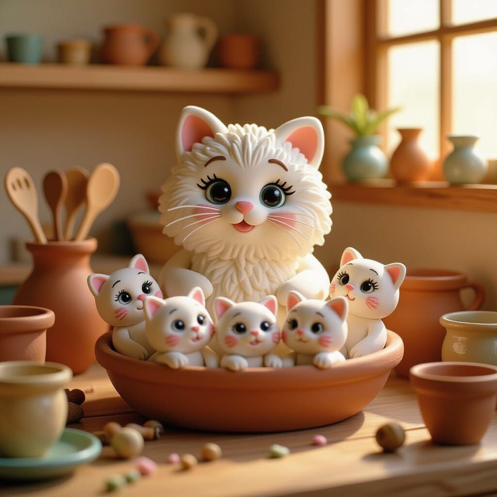 Claymation Cat Family in Pottery Studio
